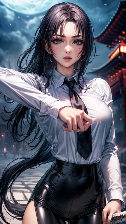 ((monsters looming:1.7、Woman fighting zombies))、((perfect anatomy,realist:1.3,raw photography:1.3,Masterpiece、of the highest quality、Ultra - high resolution、high resolution、Very detailed CG、8k)),cowboy shot,1 female,Alone,18 years、High school girl swordsman、18 yearsの美少女,Japanese,(((Beautiful face and detailed eyes:1.3,big and beautiful eyes:1.5,grey eyes,shy))),black fur, wide,(center parted hair,forehead),(big breasts, Skinny body,small head:1.3,Skinny),((Oily skin)),(glowing skin,shiny skin),(shiny black leggings、(white long sleeve collared shirt:1.4)、dynamic pose,Cut zombies with a sword、Fighting with Japanese swords、Accurately depicted Japanese sword、callejon、At night、Moonlight、SUCH、