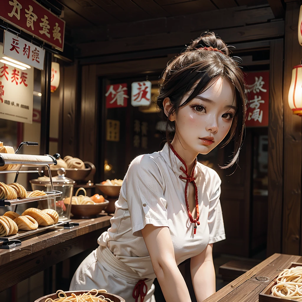 1 woman,very beautiful,Very sexy,Noodle shop made of wood ,3D,High quality,Very similar to a real person,Chinese people,8K,Wear sexy clothes,Bend your head to eat noodles,Wang Weng atmosphere,Horror Movies,fog,Dim lights,Stressed expression