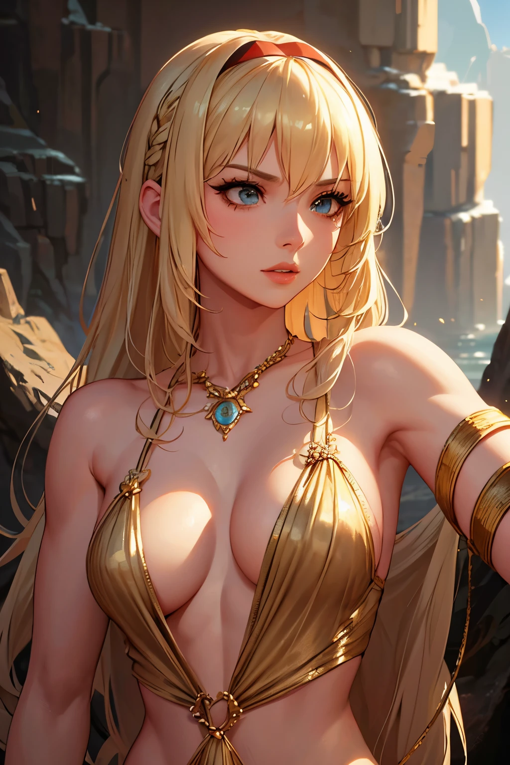 blonde woman, beautiful woman, woman in cave, troglodyte woman, woman wearing animal skin loincloth, detailed facial features, detailed eyes, detailed lips, detailed skin, muscular woman, powerful woman, primeval, primitive, prehistoric, natural lighting, dramatic lighting, cinematic, high detail, hyper realistic, 8k, masterpiece, photorealistic