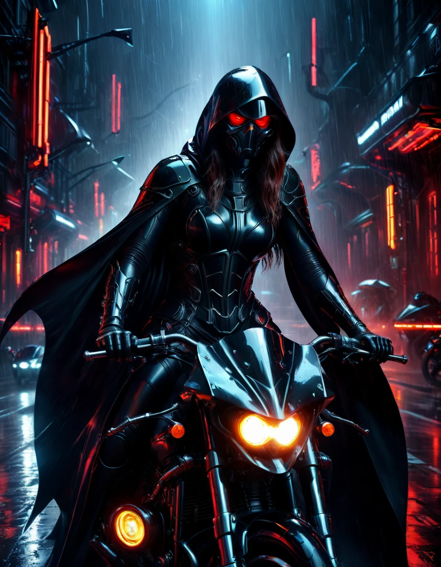 (Rainy Night: 1.5), Heavily armored Grim Reaper riding a dark futuristic motorbike, detailed beautiful woman face, flowing black cape, red glowing eyes, beautiful woman hands on the handlebars, dark chrome motorbike with angular design, neon cyberpunk city background, dramatic lighting, cinematic composition, photorealistic, 8k, ultra detailed, EdobHorrorLandscape, cute sexy girl, Mechanicus