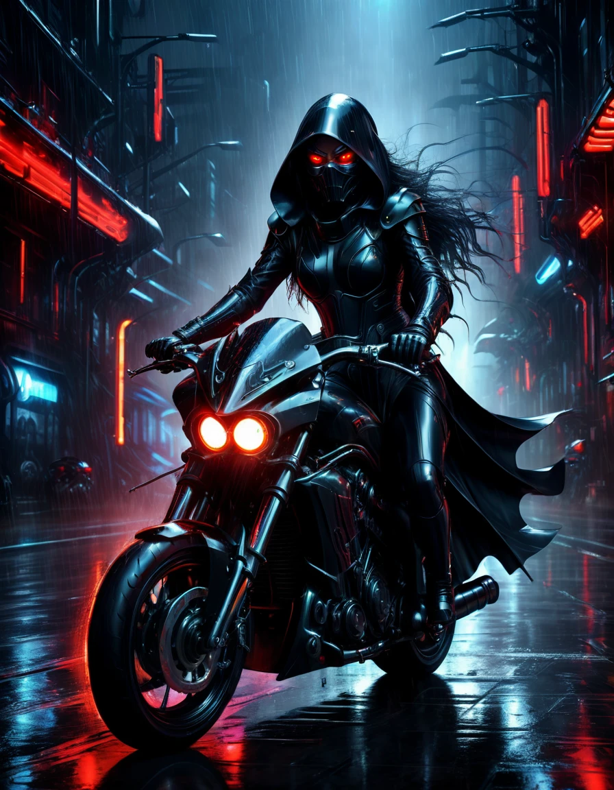 (Rainy Night: 1.5), Heavily armored Grim Reaper riding a dark futuristic motorbike, detailed beautiful woman face, flowing black cape, red glowing eyes, beautiful woman hands on the handlebars, dark chrome motorbike with angular design, neon cyberpunk city background, dramatic lighting, cinematic composition, photorealistic, 8k, ultra detailed, EdobHorrorLandscape, cute sexy girl, Mechanicus