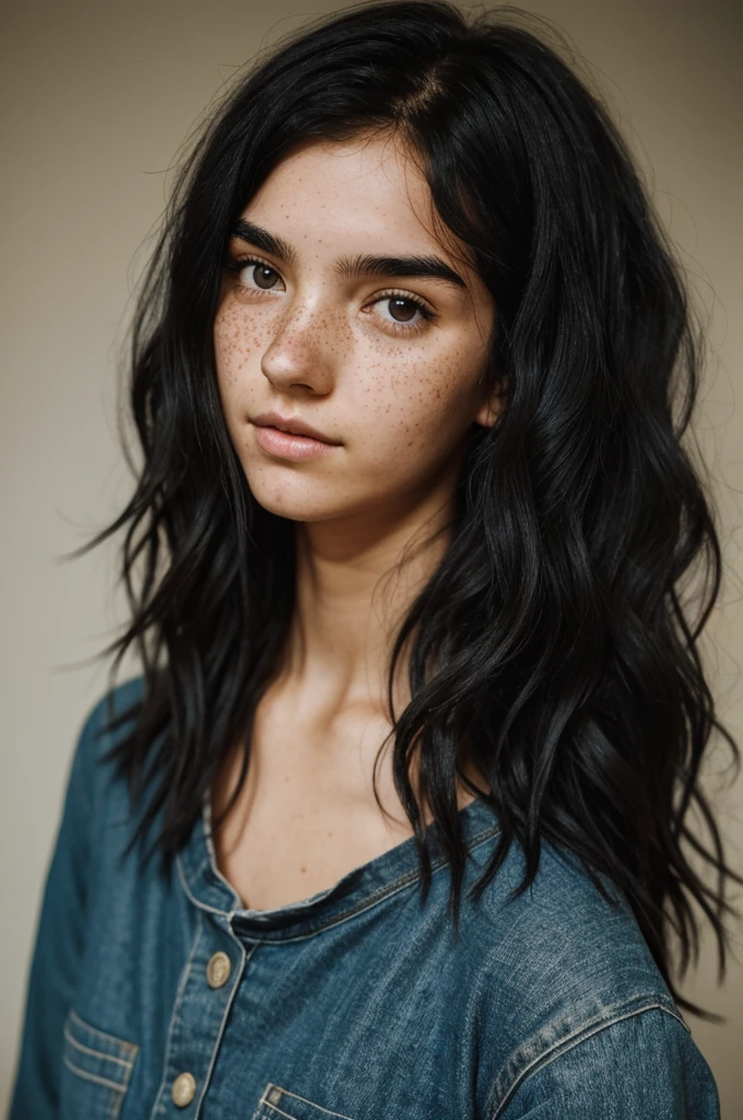 Girl with poorly defined freckles, messy and wavy black hair, small, thin and somewhat hunched