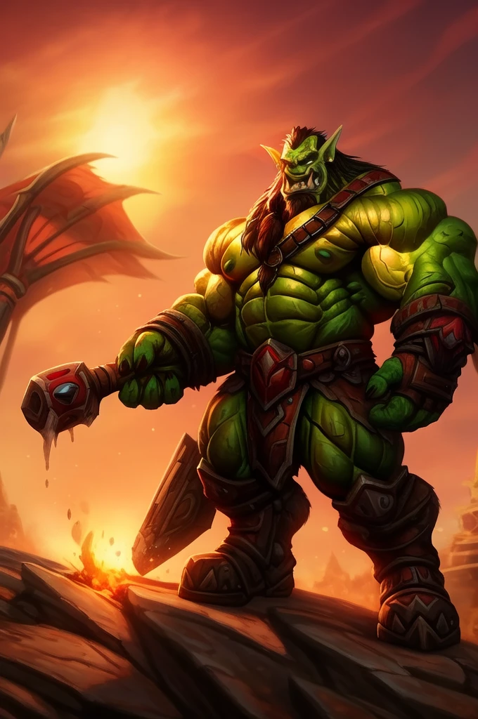 Portrait of a hyper muscular orc warrior wearing a leather harness, hyper penis, big balls, copious amounts of viscous fluids, amount of cum:1.4, Blizzard Entertainment, detailed skin, skin blemishes, Warcraft, lighting should be warm and inviting, casting a soft glow and highlighting the rich colors of his flesh, background cinematic Hollywood movie style, light depth of field, vignette, highly detailed, high budget