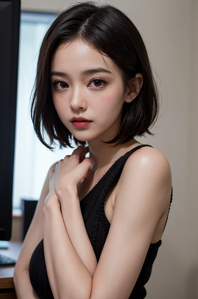 ((((long large knit)))), (((glimpsing, slouch))), wide open chest, soft breasts, (high resolution, highest resolution, ultra definition, masterpiece, top quality), G-cup bust, one girl, early 30s, medium to short hair, round face, beautiful forehead, body, big eyes, black hair, whole body, cute face, (embarrassed look), cute face, (high resolution, highest resolution, ultra definition, masterpiece), beautiful face, (high resolution, highest resolution, ultra definition, masterpiece), (office, clerk, desk work, crowd), best quality, (very cool, No bra), soft breasts, High temperature indoors, (dynamic angle), masterpiece, best quality, black lingerie, (SFW)