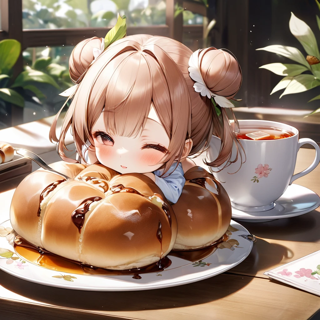Very delicious looking chestnut buns from Kogetsudo。There is a cup of cold tea on the table。perfect anatomy, masterpiece, best quality, 16K, beautiful detailed grow, daydreaming expression