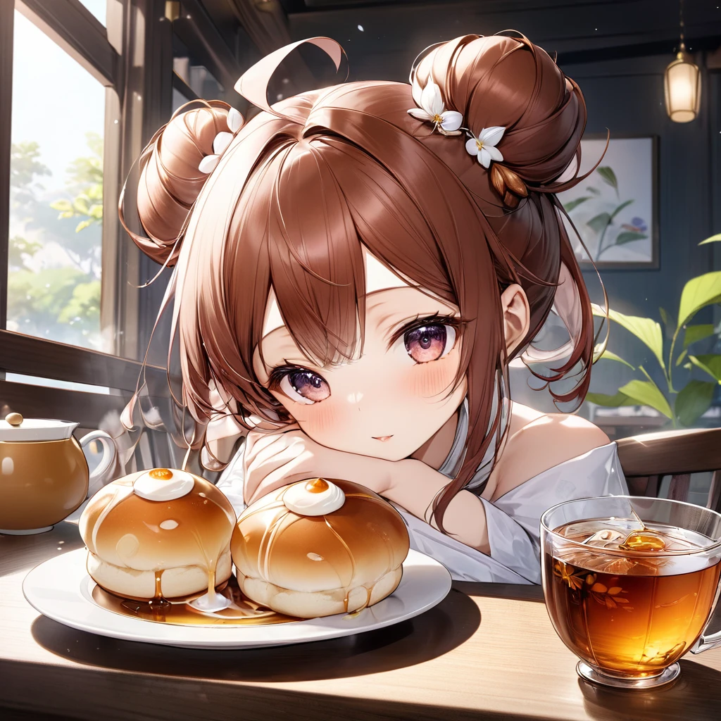 Very delicious looking chestnut buns from Kogetsudo。There is a cup of cold tea on the table。perfect anatomy, masterpiece, best quality, 16K, beautiful detailed grow, daydreaming expression