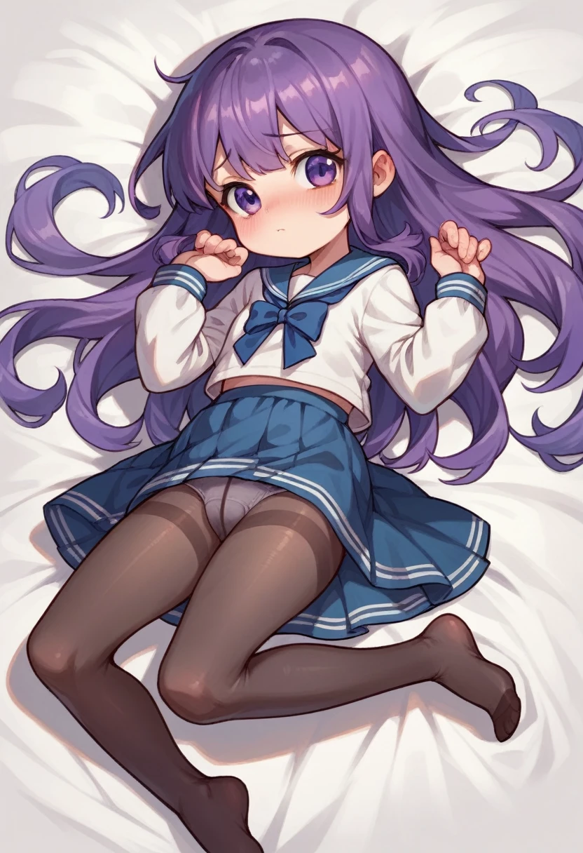 pantyhose,,sailor,dress,cute,lying,panties under pantyhose,purple hair,long hair,chibi,shy