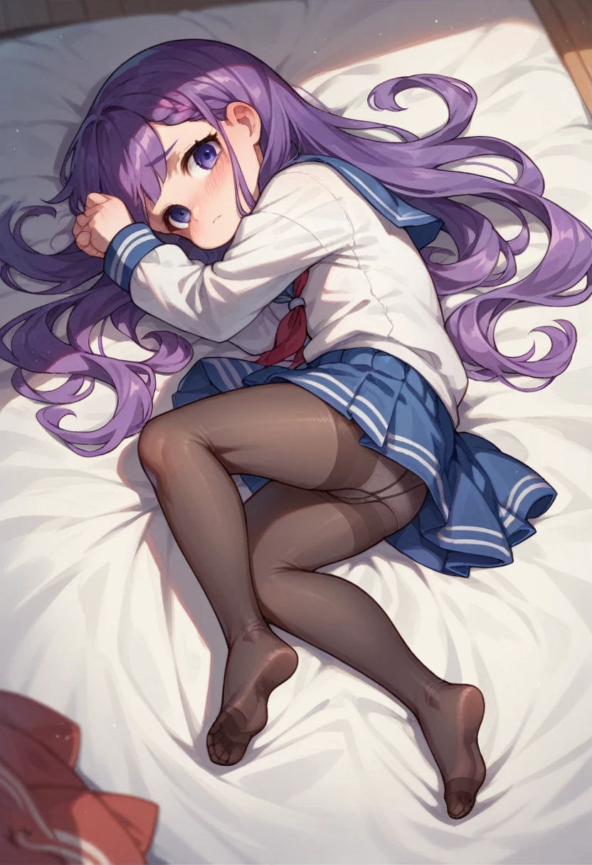 pantyhose,,sailor,dress,cute,lying,panties under pantyhose,purple hair,long hair,chibi,shy