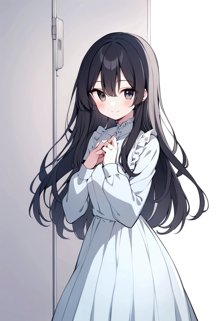 slender, mature female, rating:safe, 1girl, solo, long_hair, dress, long_sleeves, looking_at_viewer, dress, blush, black_hair, bangs, closed_mouth, hair_between_eyes, pale_color, eyebrows_visible_through_hair, hands_up, shirt, holding, long_dress, frills, smile