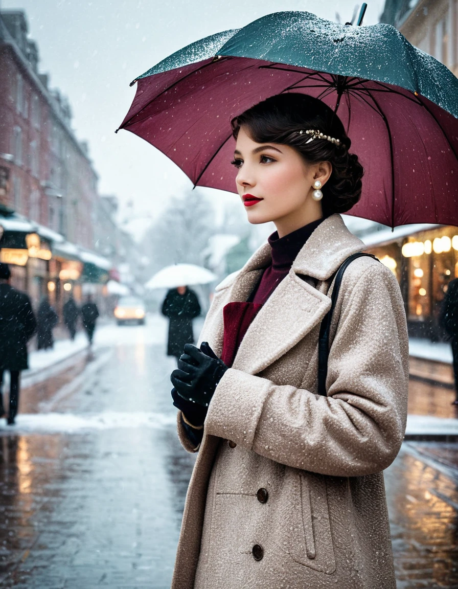 Vintage photography style, Art Deco，best quality,8K,high resolution,Very detailed，very clearly，Snowy Days，Commercial Street，（Many fashionable boys and girls are shopping），（Warm and lively atmosphere）， Delicate texture，Smooth visible velvet，Wear pearl jewelry，High-end decoration，A beautiful twenty-something holding an umbrella，sad，Looking into the distance quietly