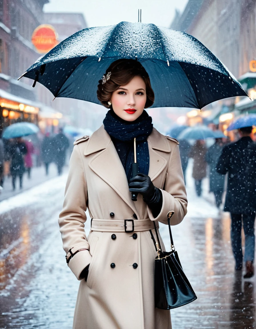 Vintage photography style, Art Deco，best quality,8K,high resolution,Very detailed，very clearly，Snowy Days，Commercial Street，（Many fashionable boys and girls are shopping），（Warm and lively atmosphere）， Delicate texture，Smooth visible velvet，Wear pearl jewelry，High-end decoration，A beautiful twenty-something holding an umbrella，sad，Looking into the distance quietly