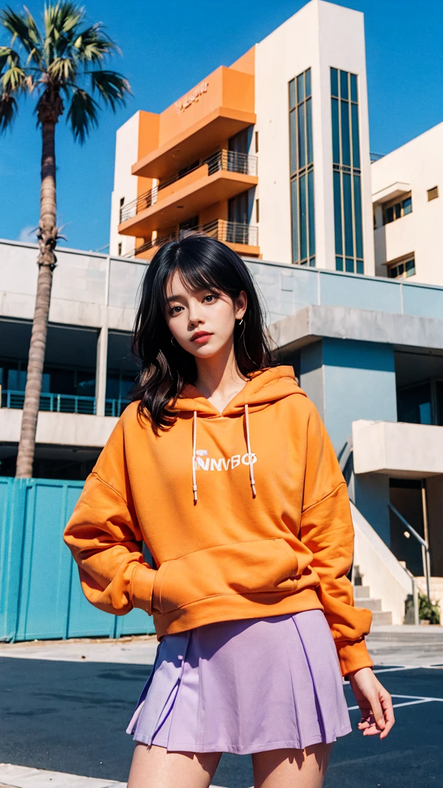 portrait of a serious 23 yo girl, plum body ,wear ((orange color oversized hoodie)), wear ((purple tennis skirt)),looking front,Best Quality,Masterpiece,Ultra High Resolution,(Realisticity:1.4),Original Photo, 1Girl, light leak,ultra high resolution,UHD,beautiful, black bob hair, almond eye, no makeup, in front of (80's mondrian architecture motel), (realistic:1.2), (surreal:1.3), (very detailed:1.1), ((masterpiece)),summer, blue sky, palm trees,sunny, los angles vibes