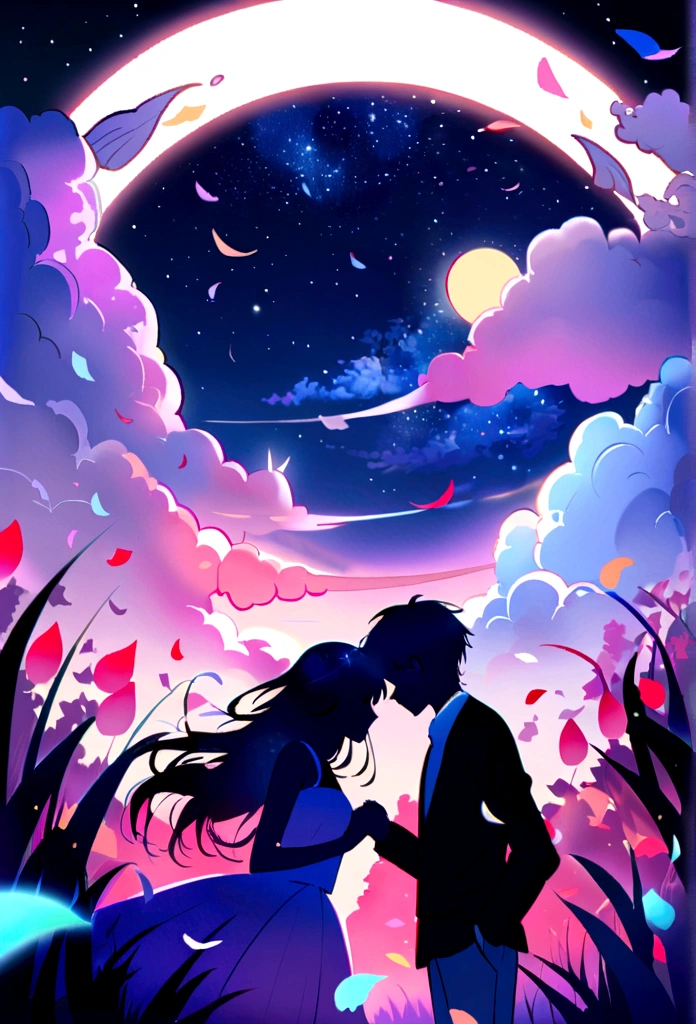 Dream colors,masterpiece,detailed,Starry sky background,cloud,Light and shadow effects,Film Effects,Colorful,Couple,Holding hands,Petals rained down,Full moon night