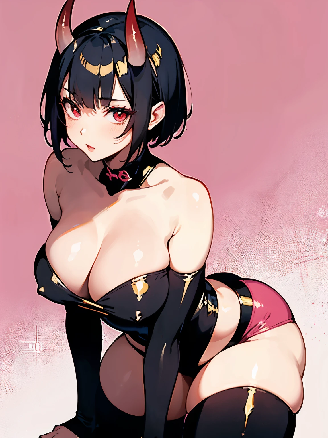 A sexy magic girl, solo, mature female , (red eyes, black hair), short hair, long bangs, pink lips, detailed face, cute art, anime art, seductive girl, good body shape, (demon girl), oni horns, ((magic girl costume)), lewdy, (ero), sexy girl, (lewd expression), curvy, hot, pink costume, red costume, golden details, grabbin her own ass, (grab ass)
