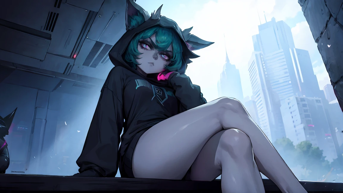 girl, large black sweatshirt, sitting posture, calm look, Sitting in front, legs open, a dark room, evil eyes, glowing skin, Looking ahead, facial expression