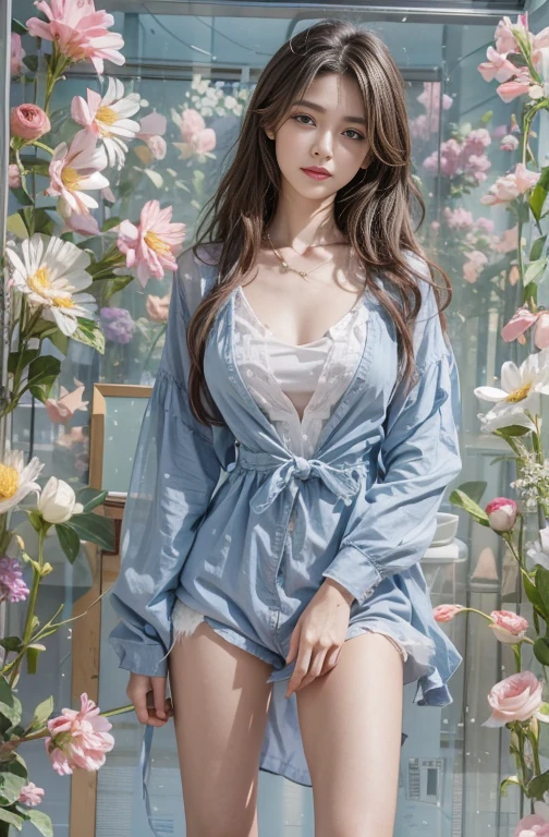 Sweet woman&#39;Pearl Necklace,Blue clothes,Flowers,Reality,high resolution,A woman,Unique,(Delicate face),Black头发,Brown eyes,beauty,cleveage,Black,(Best Illustration Award:1.1),(Best shadow:1.1),表达glow的皮肤。Practical、(Reality主义:1.37)、(Korean pop idol)、Beautiful hairstyle、Long hair、(Pink red glow)、(glow)、(Solitary)、Dynamic、(Slender legs)、North African Trade Zone、Very detailed content的环境阻塞、超high resolution、超Reality的、Very detailed content，Blue clothes，huge ，Standing