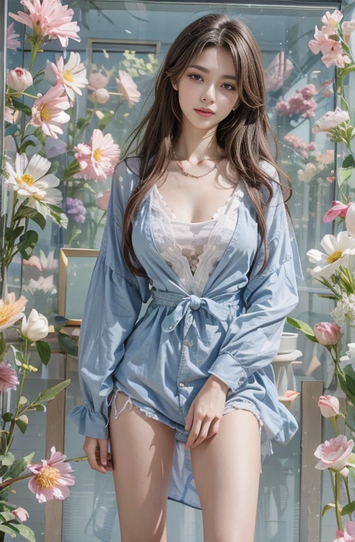 Sweet woman&#39;Pearl Necklace,Blue clothes,Flowers,Reality,high resolution,A woman,Unique,(Delicate face),Black头发,Brown eyes,beauty,cleveage,Black,(Best Illustration Award:1.1),(Best shadow:1.1),表达glow的皮肤。Practical、(Reality主义:1.37)、(Korean pop idol)、Beautiful hairstyle、Long hair、(Pink red glow)、(glow)、(Solitary)、Dynamic、(Slender legs)、North African Trade Zone、Very detailed content的环境阻塞、超high resolution、超Reality的、Very detailed content，Blue clothes，huge ，Standing