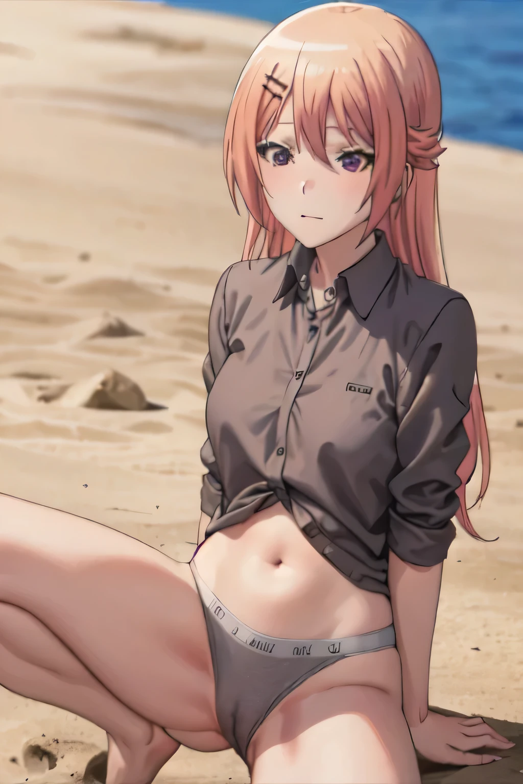 Naked shirt、Exposing the clitoris、Split seat、NSFW((Masturbation)),Pants on one leg、 alone,stained underwear、Dirty underwear、 One girl, View your viewers, 2D, anime, anime coloring,(Desert Island Background:1.3), Shion Kujou, ,