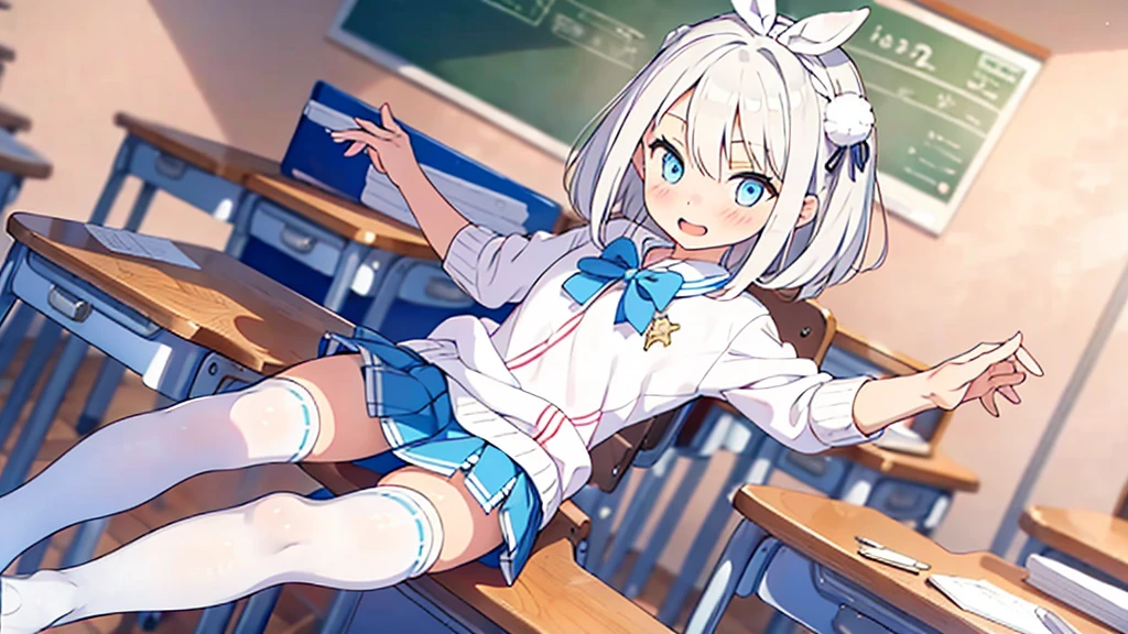 1 white-haired girl with ribbon decorations on her head, blue eyes in school mini skirt Women with white stockings at home