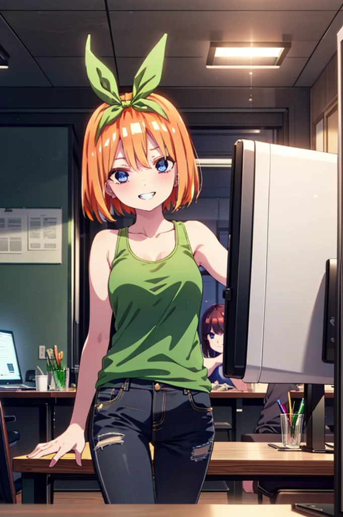 Yotsubanakano, Yotsuba Nakano, bangs, short hair, blue eyes, Hair between the eyes, hair ribbon, hair band, Orange Hair, (Green ribbon:1.5), smile, Grin,Green tank top,Skinny jeans,Stiletto heels,There is a computer on the table,interior,Walking,whole bodyがイラストに入るように,
break indoors, オフィス
break looking at viewer, whole body,
break (masterpiece:1.2), Highest quality, High resolution, unity 8k wallpaper, (figure:0.8), (Beautiful attention to detail:1.6), Highly detailed face, Perfect lighting, Highly detailed CG, (Perfect hands, Perfect Anatomy),