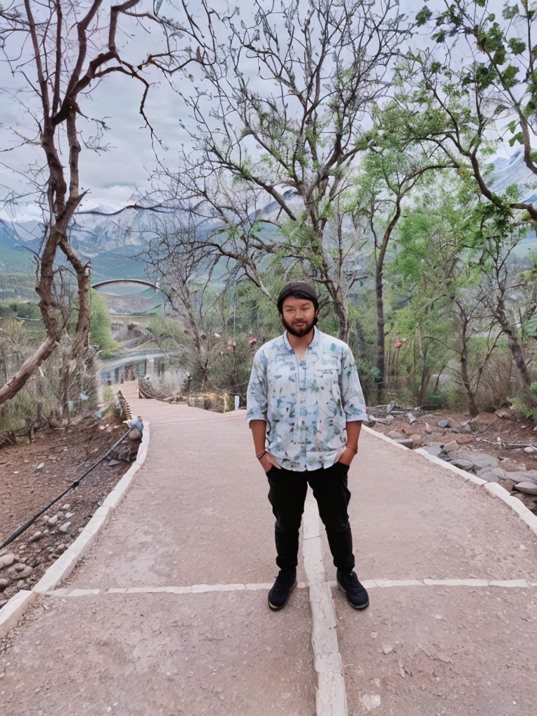 Mountain, rivers , vally , flowers, bridge 