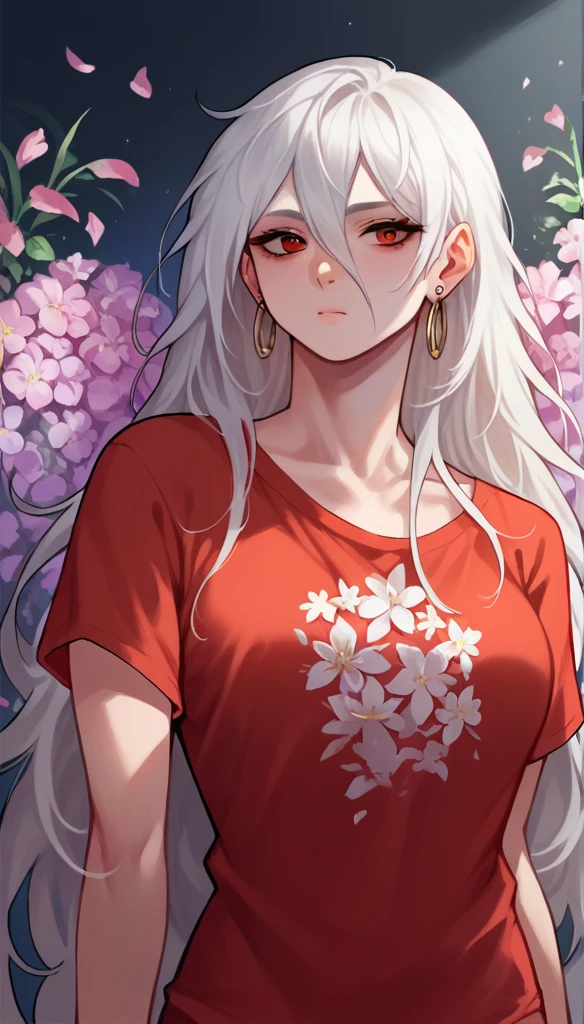 score_9, score_8_up, score_7_up, score_6_up, score_5_up, score_4_up, woman, solo, Floral print t-shirt with oversized, abstract flowers in vibrant colors, thoughtful, earrings, white hair, Dark Red eyes, very long hair, hair between eyes, side tilt, medium breasts, lightweight, morn, drastically, saas