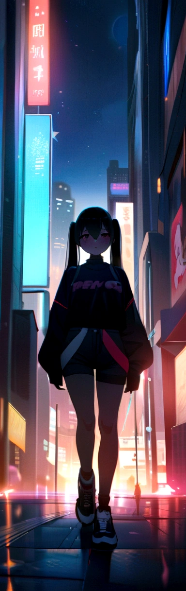 masterpiece, best quality, HuTaoV4, 1girl, solo, blush, twintails, long hair, hair between eyes, ((streetwear clothes)), city, outdoors, night, movie poster, extremely detailed 8K, smooth, high resolution, ultra quality, cinematic lighting, ambient occlusion, hd, 2k, 4k, 8k, 16k, extremely detailed anime, detailed faces, perfect composition, wide shot, atmospheric lighting, 