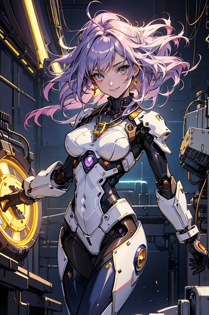 a cute robot girl, ((masterpiece)), best quality, ultra-detailed, extremely detailed, 4K, 8K, best quality, steampunk, no bad anatomy, beautiful, anime style, laboratory, watercolor pencil, retro art style, dynamic angle, jumping pose, robot suit, beautiful purple hair, beautiful yellow eyes, beautiful eyes, mesh, transparent hair, translucent hair, fingered gloves, earrings, necklace, smile, light smile, sparkling effect