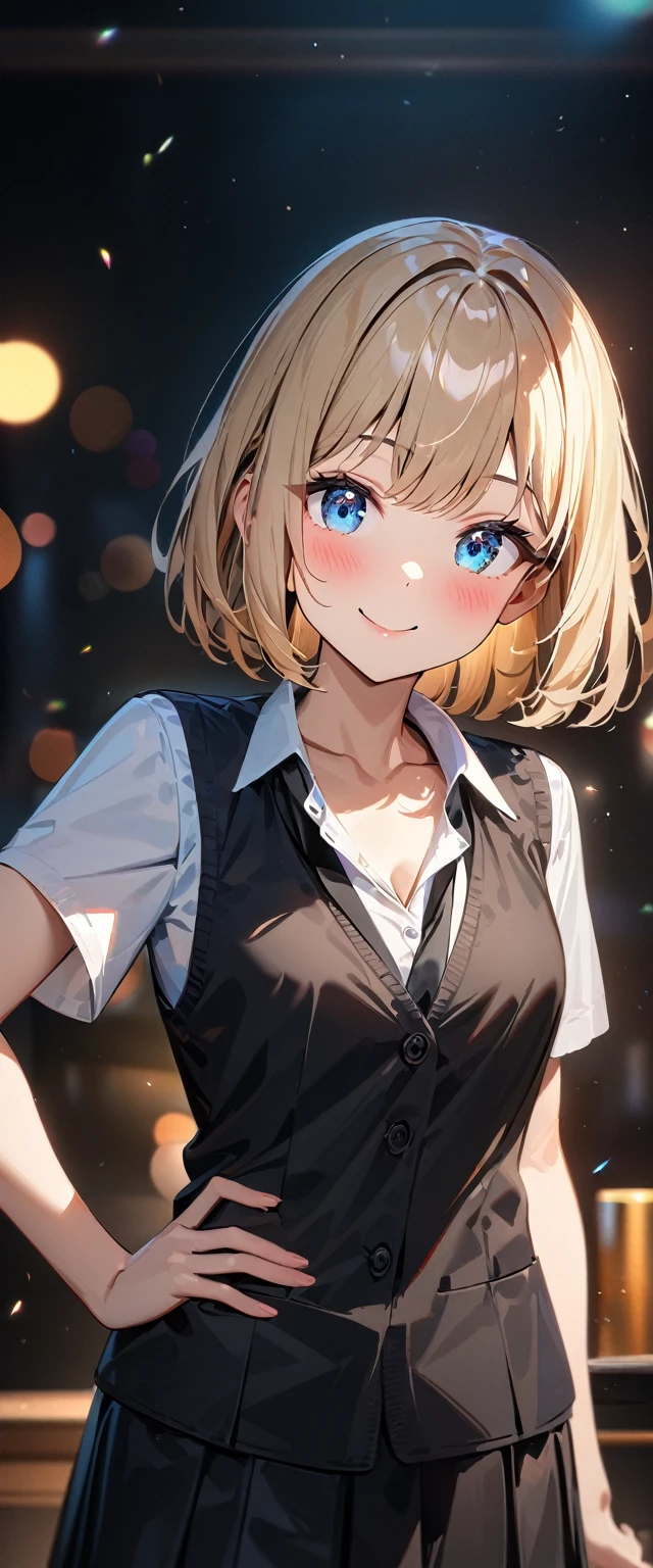 (((One girl))), blond hair, bob cut, (cowboy shot), (looking at viewer), (open collar:1.3), ((black tie under the waistcoat)), face in focus, teenager, head tilt:1.3, (((blue eye))), ((happy smile)), ((blush)), contrapposto, one hand on hip, school summer uniform, white shirts, skirt, black waistcoat, anime style, (best quality, 4k, 8k, highres, masterpiece:1.2, ultra-detailed, ultra-detailed eyes, HDR, UHD, studio lighting, ultra-fine painting, sharp focus, physically-based rendering, extreme detail description, professional, vivid colors, bokeh)