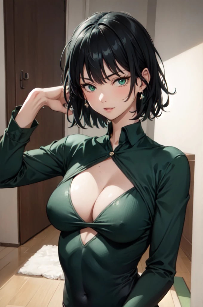 fubuki, fubuki, Black Hair, Green Eyes, short hair, (Large Breasts:1.2), good, panties, black good, black panties, Portrait Shot, Upper Body Shot, Face Focus, Close-up shot, only Upper Body Shot, break indoors, office, break looking at viewer, break (masterpiece:1.2), Highest quality, High resolution, unity 8k wallpaper, (figure:0.8), (Beautiful attention to detail:1.6), Highly detailed face, Perfect lighting, Highly detailed CG, (Perfect hands, Perfect Anatomy), A proud smile