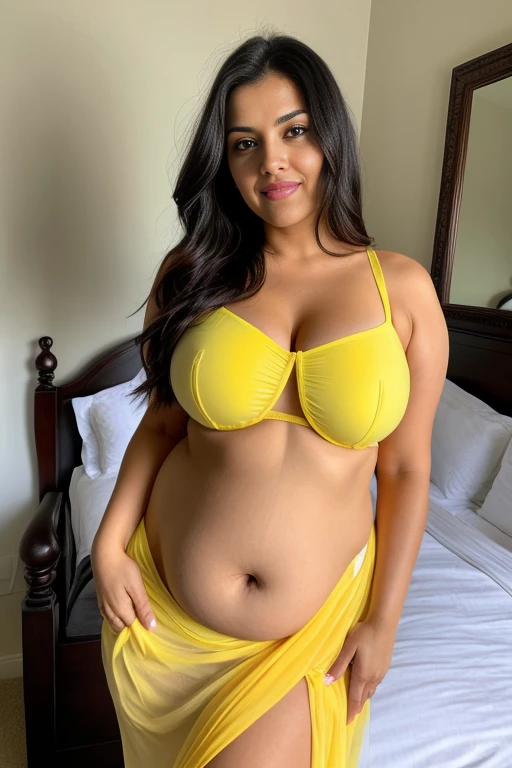 photo portrait of beautiful Indian busty milf belly fat model,  posing  inside her bedroom wearing sexy yellow see through saree  , her waist is 36 and fatty stomach, looking at viewer, lense flare, (realistic eyes, symmetric face:0.8) (masterpiece:1.2) (photorealistic:1.2) (bokeh) (best quality) (detailed skin) (intricate) (8k) (HDR) (cinematic lighting) (sharp focus), big breast, big natural lips, dark red lips, sparkling day dreams eyes. Revealing her belly fat wearing a golden chain around her belly
