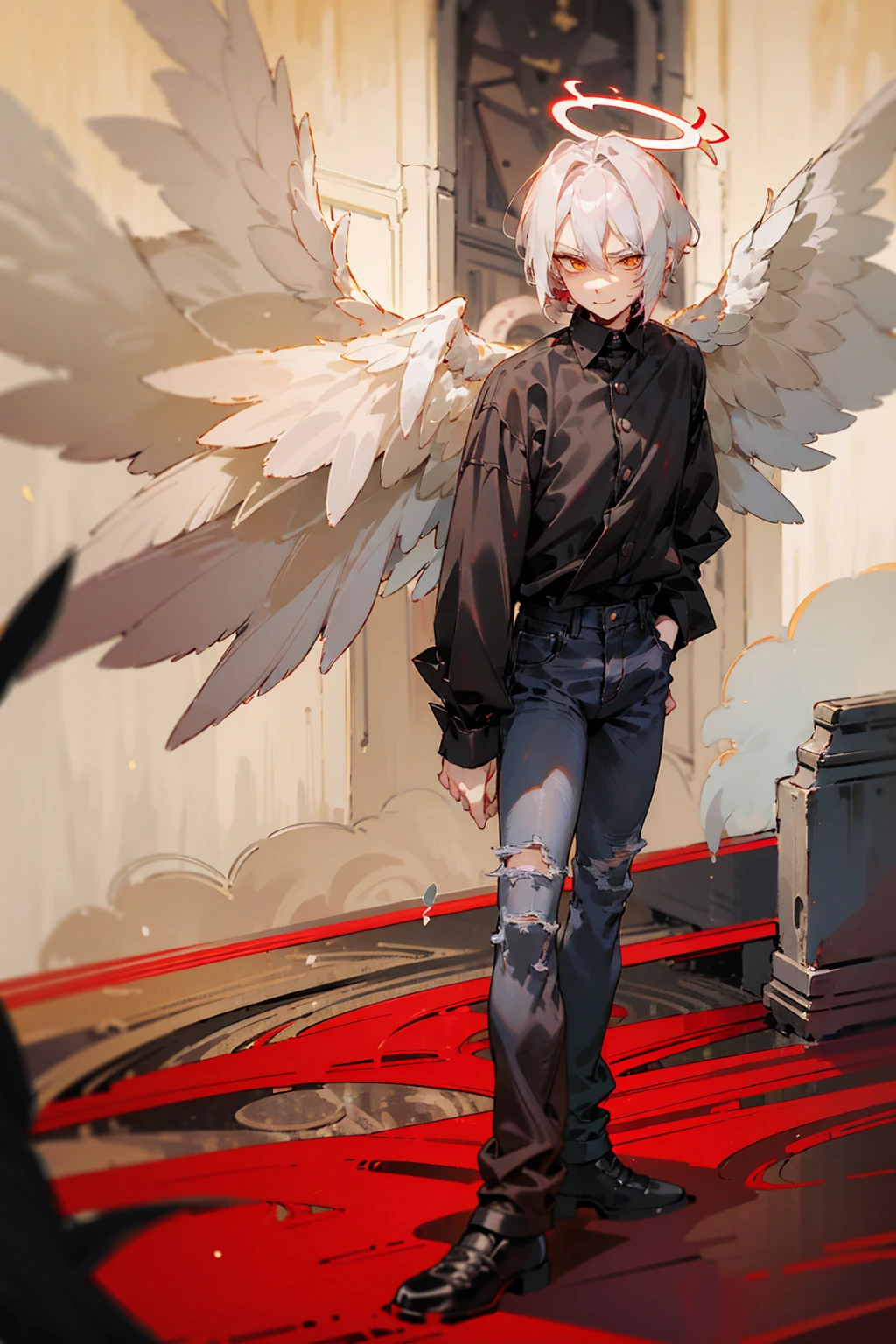 1male, Adult, Two Tone Hair, Crimson and White Hair, Short Hair, Undercut Hair, Red Angel Halo, Black Angel Wings, Golden Eyes, Smirk, Black Flannel Shirt, Black Ripped Jeans, Standing On Path