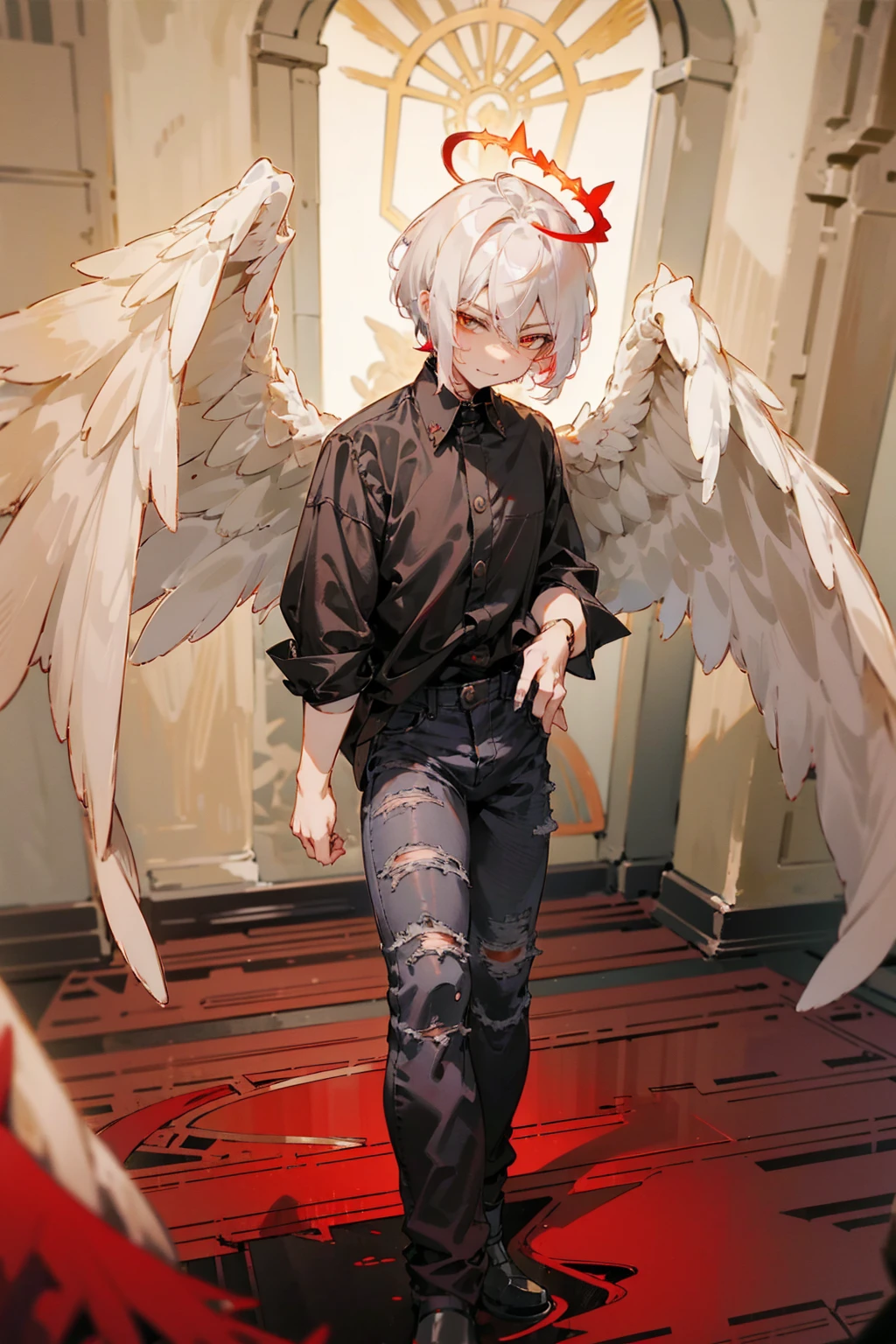 1male, Adult, Two Tone Hair, Crimson and White Hair, Short Hair, Undercut Hair, Red Angel Halo, Black Angel Wings, Golden Eyes, Smirk, Black Flannel Shirt, Black Ripped Jeans, Standing On Path