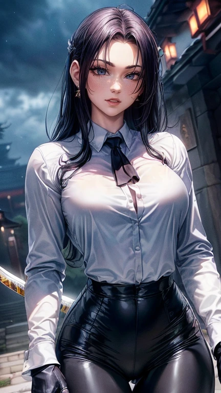 ((monsters looming:1.7、Woman fighting zombies))、((perfect anatomy,realist:1.3,raw photography:1.3,Masterpiece、of the highest quality、Ultra - high resolution、high resolution、Very detailed CG、8k)),cowboy shot,1 female,Alone,18 years、High school girl swordsman、18 yearsの美少女,Japanese,(((Beautiful face and detailed eyes:1.3,big and beautiful eyes:1.5,grey eyes,shy))),black fur, wide,(center parted hair,forehead),(big breasts, Skinny body,small head:1.3,Skinny),((Oily skin)),(glowing skin,shiny skin),(shiny black leggings、(white long sleeve collared shirt:1.4)、dynamic pose,Cut zombies with a sword、Fighting with Japanese swords、Accurately depicted Japanese sword、callejon、At night、Moonlight、SUCH, view from behind, perfect ass