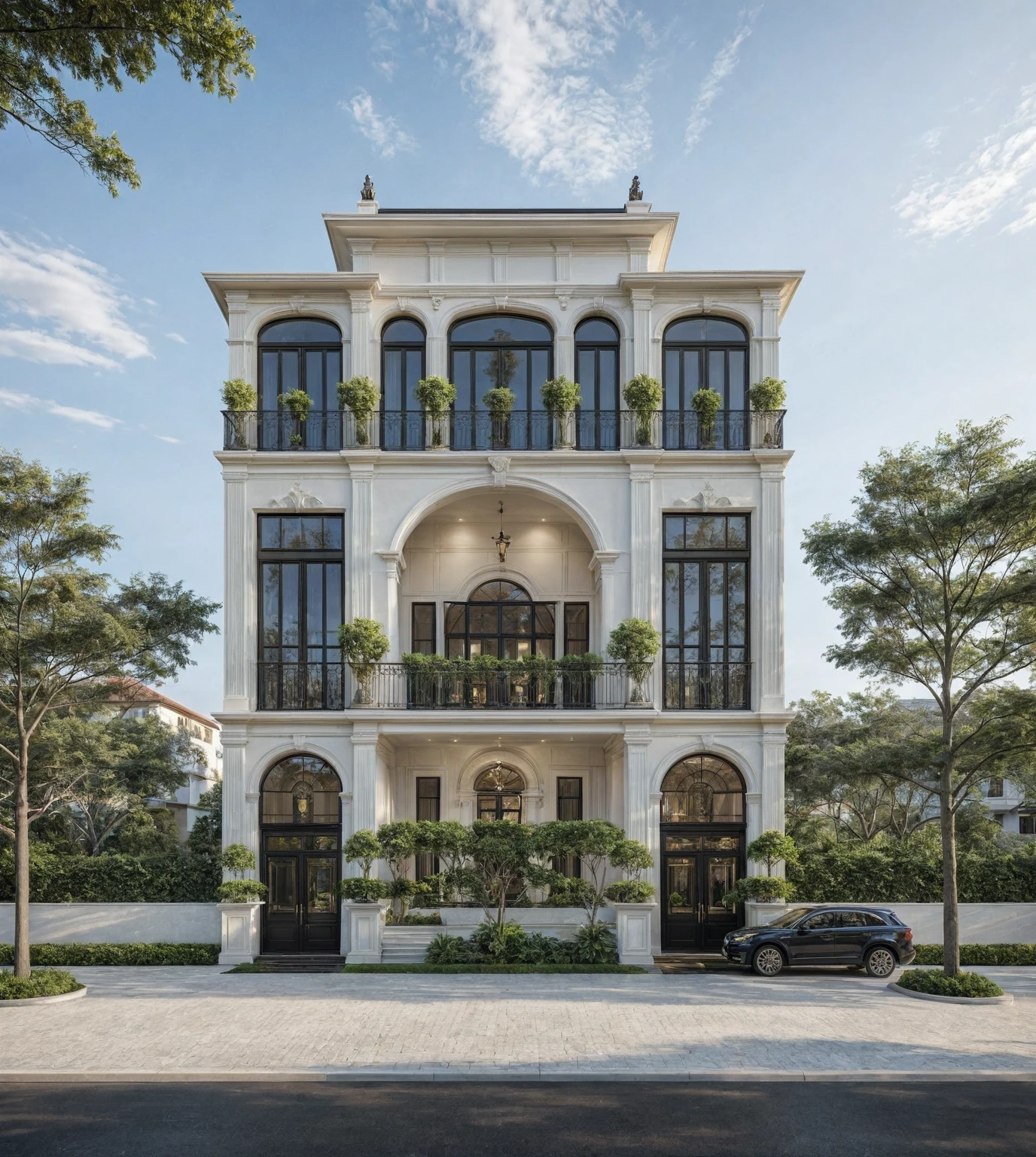 Architectural style Architectural style, clean white sky, natural lighting, ((Classic Style House)),(masterpiece) , ((best quality)), dramatic lighting, high quality outdoors, sky, day, cloud, tree, blue sky, building, scenery, road, real world location, sunlight, enough detail, high resolution,super realistic, Photorealistic, highly detailed, balcony, plants, door, car, truck, parking slot, paving, . Clean lines, architectural drawing, highly detailed, Clean lines, geometric shapes, minimalist, modern, architectural drawing, highly detailed