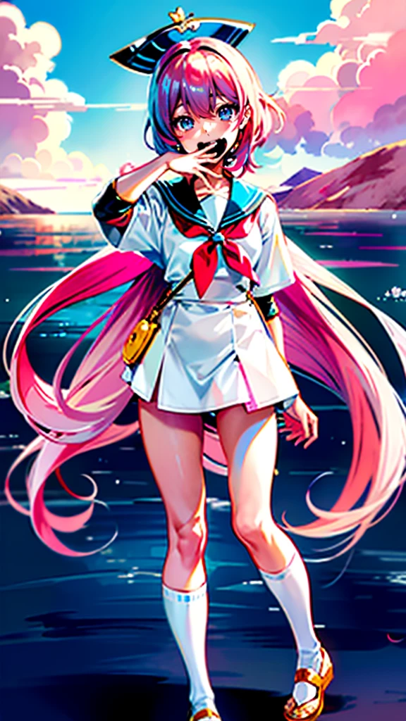 Anime girl with pink hair and blue eyes wearing a sailor suit, Cute girl anime visual, Anime cute art style, Best Girl in Anime, Smooth anime CG art, Anime girl named Lucy, Hillabi, Young anime girl, Yandere, Beautiful anime high school, Anime style. 8K, Anime style like fate/overnight, Kim Moza!