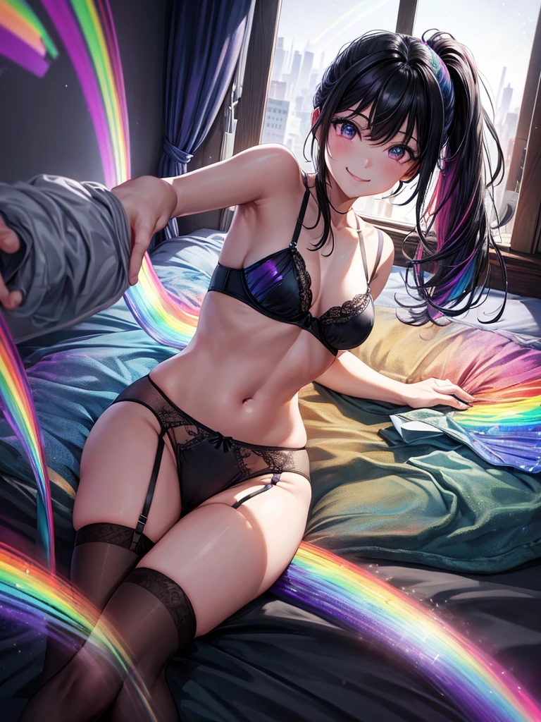 Highest quality,Highest Resolution,4K quality,Underwear looking at city night view outside large window in modern bedroom((Rainbow Gradient色))のsmileの1Profile of a woman,((Black hair ponytail)),Dark room,Rainbow Gradientセクシーランジェリー,Many water drops on the window,garter belt,High leg,((Iridescent underwear))Knee-high stockings,smile,Landscape,Colorful eyeballs,Small bra{((Underwear color))Rainbow Gradient,