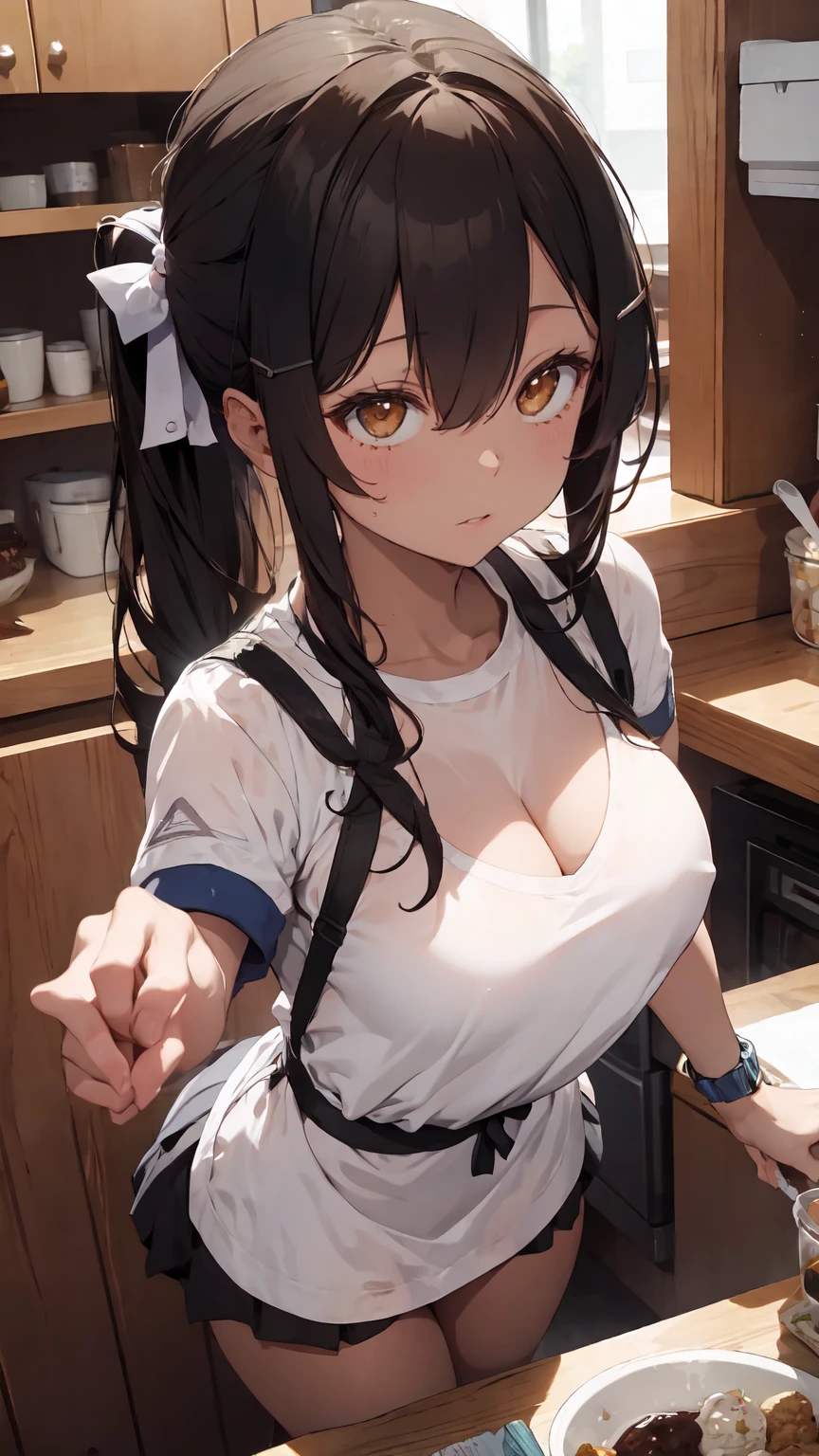 1girl, solo, hair ornament, (naked:1.3), (white apron), large breasts, cleavage, thighs, kitchen background, (blushing:1.3), naga, brown hair, ponytail, golden eyes, dark skin, gal, naga, lewd, she is wet and in sourcream, cream over the face,