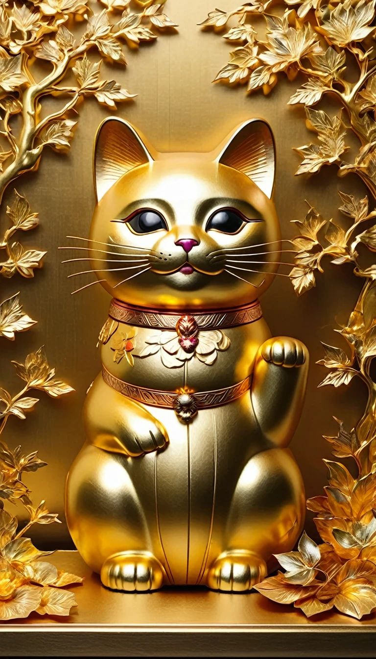 printing (Gold Leaf), Japanese decoration, Vintage decoration, gold leaf wall decoration : Maneki-neko Gold Leaf, the light shimmers on the Gold Leaf cut, Colors are bright and vivid, 全体的な画質は最high qualityです, with every detail of Gold Leaf captured with ultra-detailed precision, The lighting is soft and diffused, A warm and welcoming glow spreads across the stage. Reflects the beauty and magic of Gold Leaf art.. high quality, High resolution, 16K, Super detailed, Lucky cat