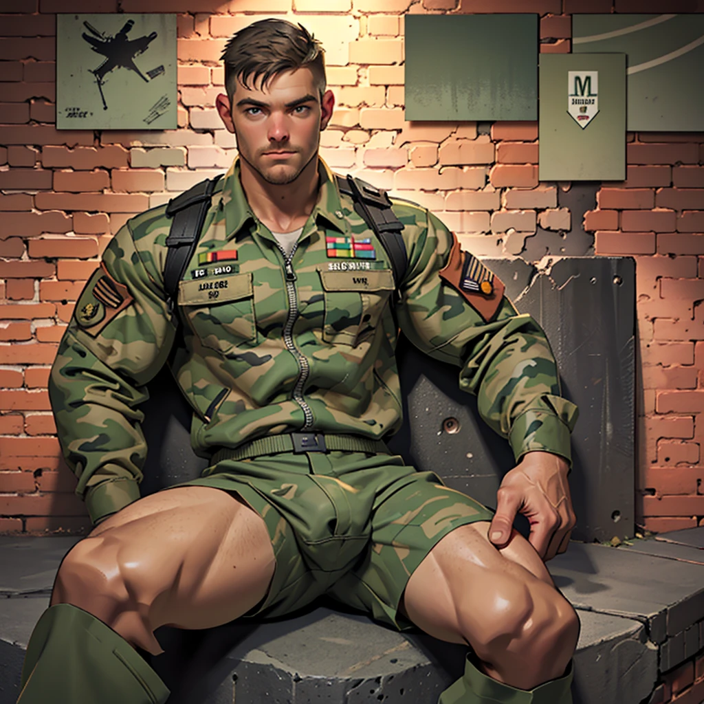 32k, high quality , detailed face , detailed hands , detailed muscles , stephen amell posing  as a military man wearing camouflage suit ,standing with((( spread legs))), showing his muscles and bulge , ((background brick wall with lot of army posters ))