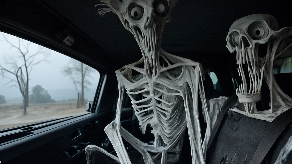 Create a ghostly creature, skinny, its body is lifeless, as if there was no blood inside, its black eyes are wide open and its mouth is wide open with giant, dirty teeth, sitting in the back seat of the truck, the image being seen in the rearview mirror