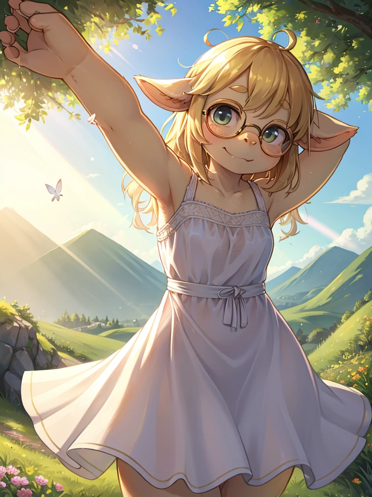 1 girl, nerdy elf woman, big teeth, glasses, (big smile, half closed eyes:1.3) (intemse eye contact:1.1), elaborate white sun dress (), (small heavy breasts:1.3), light beams, (tall torso), (skinny body with a small belly:1.3), , ((rivendell during autumn background)), extreme details, short red hair, (boyish face:1.1), , detailed autumn background , volumetric lighting, high definition, realistic anime , (long legs), (extremely detailed face:1.1), (huge and long breasts), leaning over, own hands grabbing belly, blushing belly, blushing face