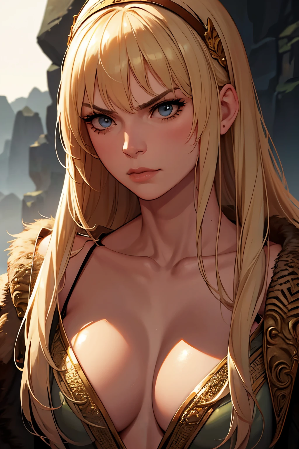 blonde woman, cave savage, troglodyte, beautiful, animal skin outfit, angry, highly detailed, photorealistic, 8k, sharp focus, dramatic lighting, cinematic, intense colors, epic fantasy, digital art