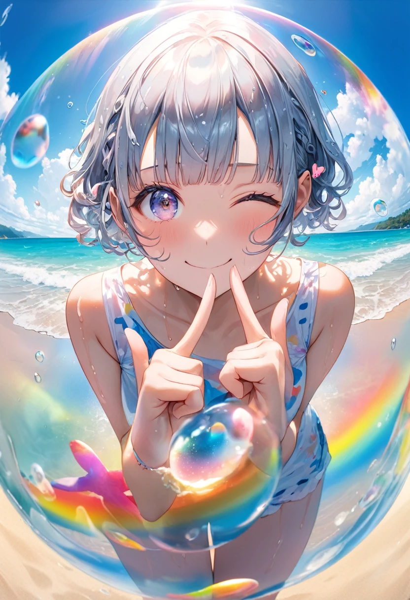 Double exposure, Fisheye Lens, RAW Photos:1.2, masterpiece, Highest quality, 16K, Unbelievably absurd, Very detailed, Perfect beauty, On the edge of the beach,Get excited, 1 girl, Splashes fly, Silver short curly hair, Blunt bangs, Long sideburns, Wet Hair, Vibrant colors, Ultra-realism:1.2, Middle chest, Blue sky and rainbow, View your viewers, Peeking through the bubble with one eye,Girl looks up,Secret pose with index finger on mouth, A shy smile, Mirror Effect:1.2,Two arms,Five fingers on each side,Heart Bubble

