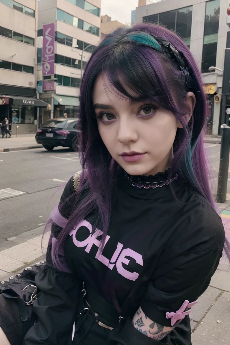 Arafed woman with green and purple hair sitting, pastel gothic, pastel goth aesthetic, pale goth beauty, 1 7 - year - old goth girl, goth girl aesthetic, goth girl, colores pastel oscuros, cabello pastel, loish |, Loish y Wlop, Desbordamiento pastel, gothic ambient, Una chica emo, Maquillaje Emo, coloured hair