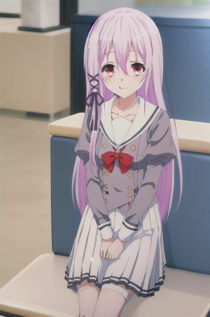 Kisara, 17 year old girl, white skirt, long pink hair, beautiful eyes, looking at the viewer, with blushing cheeks. In the kitchen, he kneels, looking at the viewer with a charming smile.
