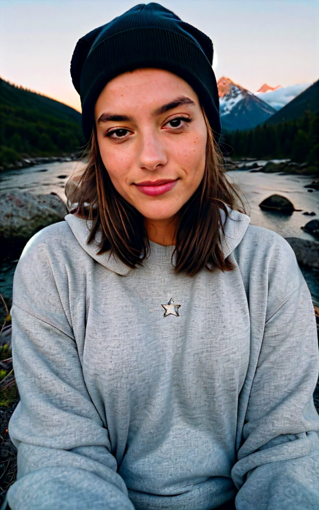 photorealistic, best quality, hyper detailed, beautiful photorealistic, best quality, hyper detailed, beautiful woman, selfie photo, upper body, solo, wearing pullover, outdoors, (night), mountains, real life nature, stars, moon, (cheerful, happy), sleeping bag, gloves, sweater, beanie, flashlight, forest, rocks, river, wood, smoke, fog, clear sky, analog style, looking at viewer, skin texture, film grain, close up, ultra high res, best shadow, RAW, instagram LUT , selfie photo, upper body, solo, wearing pullover, outdoors, (night), mountains, real life nature, stars, moon, (cheerful, happy), sleeping bag, gloves, sweater, beanie, flashlight, forest, rocks, river, wood, smoke, fog, clear sky, analog style, looking at viewer, skin texture, film grain, close up, ultra high res, best shadow, RAW, instagram LUT