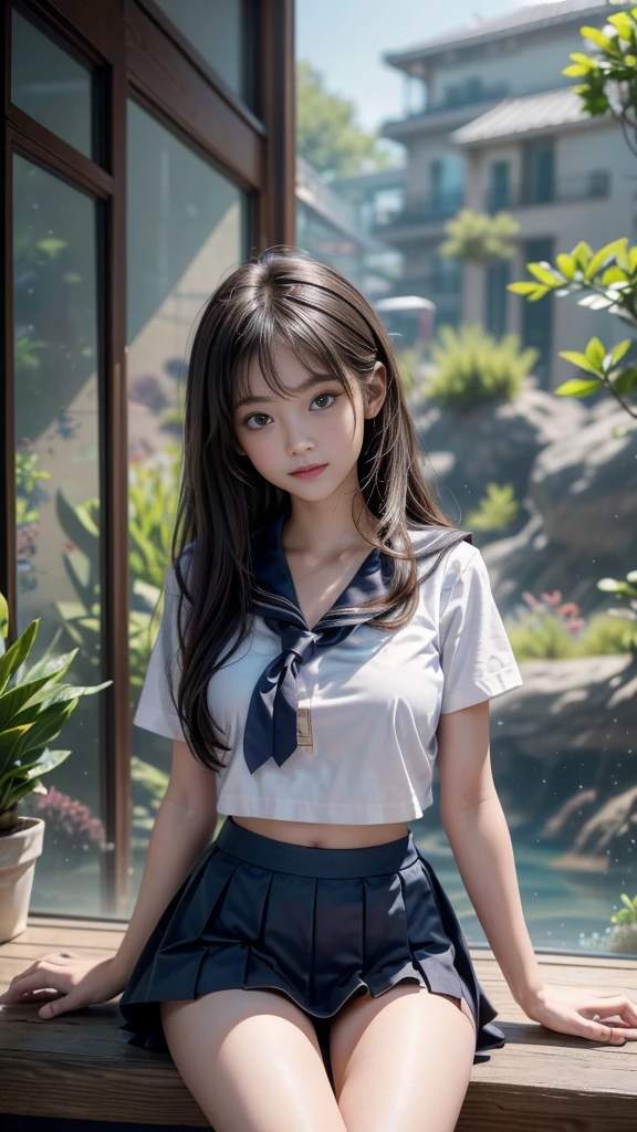 Realistic:1.3, Tabletop, (Highest quality, 8K, masterpiece:1.2, RAW Photos), ((1 beautiful girl, )), Japanese, high school girl, smile, Slim Abs, Medium breast, ((Wearing the school-issued sailor uniform, mini skirt)), Button unbuttoned, Cleavage, Sitting on a chair in a classroom at school, Spread your legs, Short torso, Thin high waist, Beautiful long legs, (whole body), ((A glimpse of the peeking that fascinates everyone:1.3)), Beautiful Face, Beautiful Eyes, Hair swept down the back to show shoulders, ((Detailed face, Fine grain, Professional photography techniques)), (Perfect Anatomy:1.3), ((A fantastical passageway inside the aquarium:1.2))