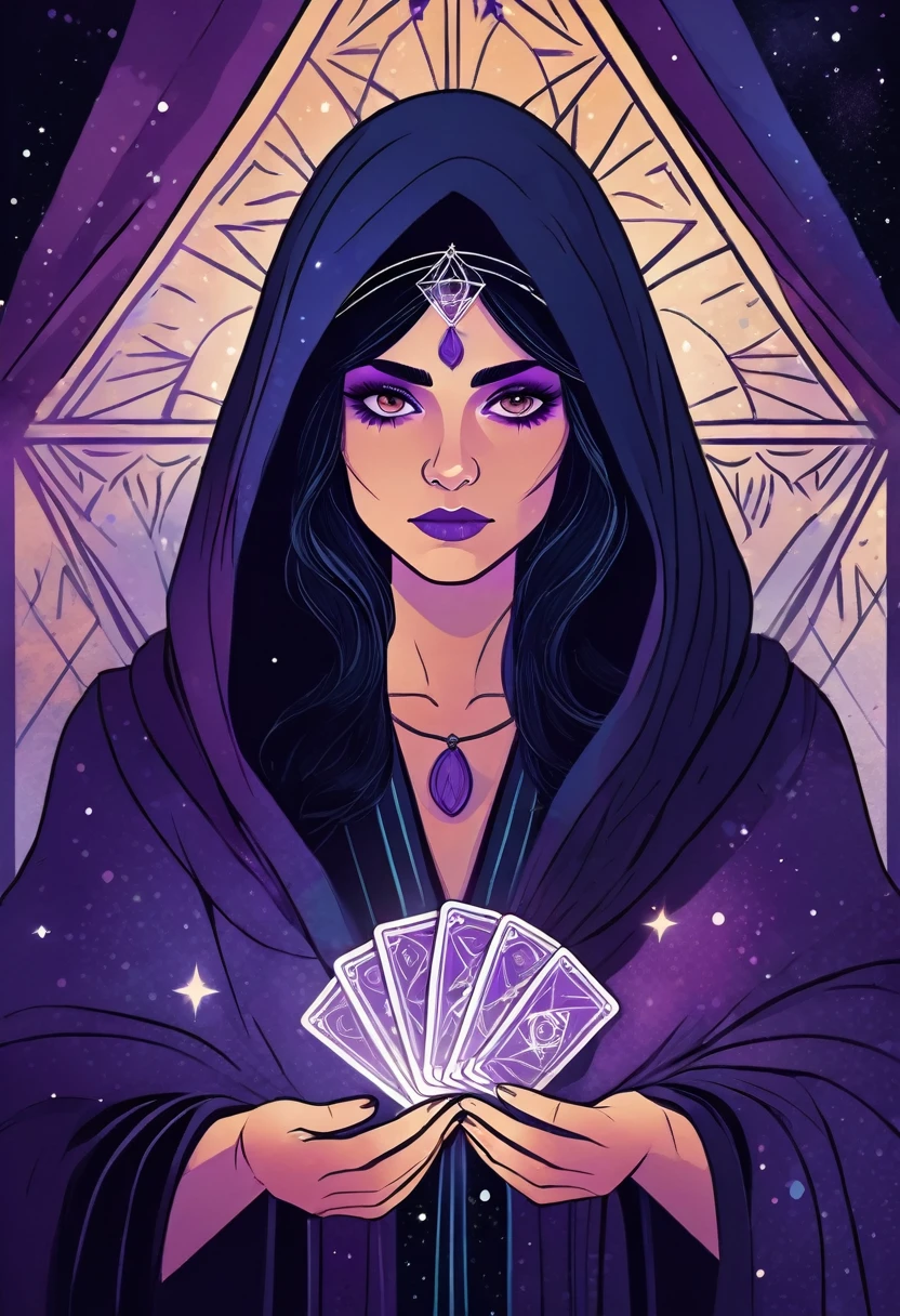 
Tarot card poster inviting fortune telling using tarot cards in a triangular tent. Beautiful young fortune teller under a black robe The face is painted in lines running from cheek to nose. colored spots above the eyebrows bohemian style Mysterious atmosphere Mostly purple Leave 1/3 of the top space for text. 
Fine Arts: Destiny