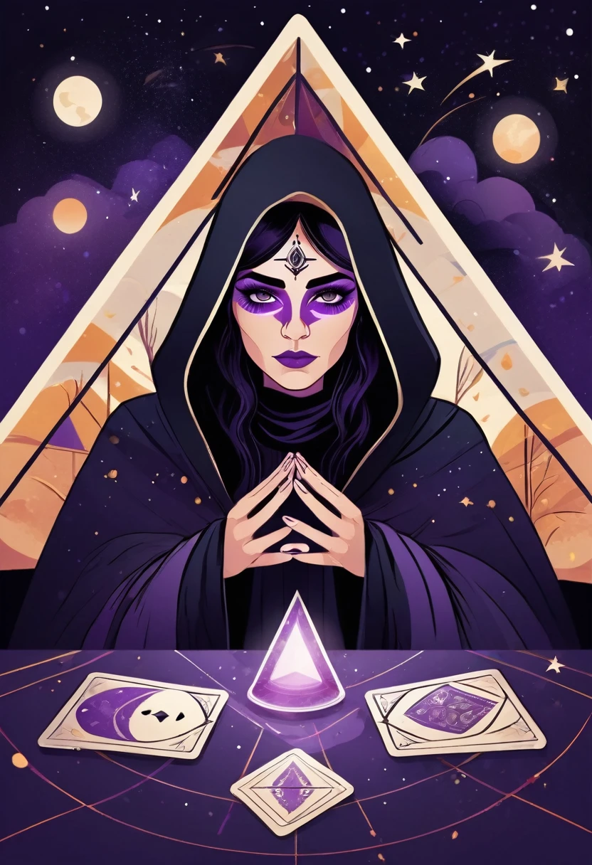Tarot card poster inviting fortune telling using tarot cards in a triangular tent. Beautiful young fortune teller under a black robe The face is painted in lines running from cheek to nose. colored spots above the eyebrows bohemian style Mysterious atmosphere Mostly purple Leave 1/3 of the top space for text.
Fine Arts: Destiny